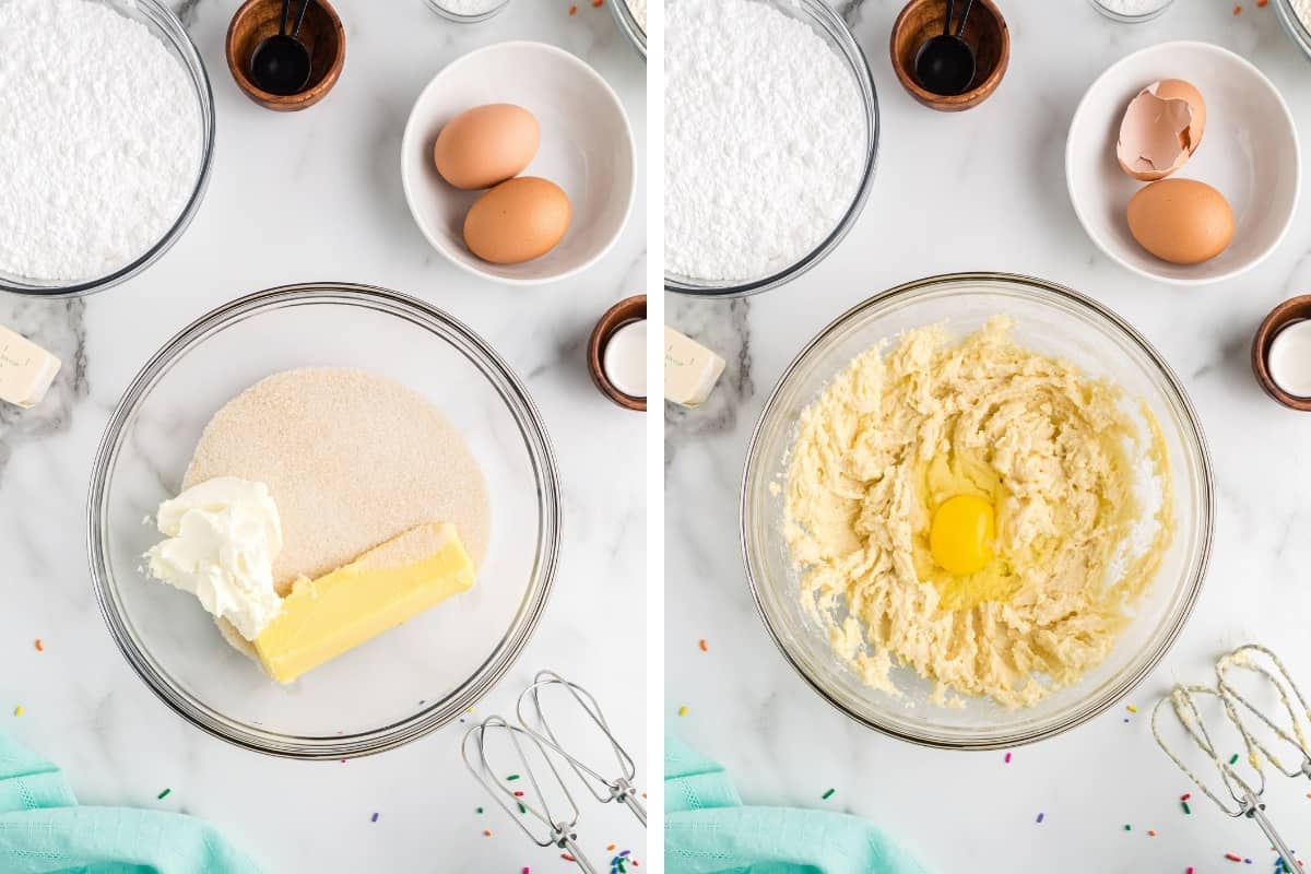 2 Image collage. On left, large mixing bowl with sugar, stick of butter, and shortening. On right, wet mixture with egg added on top.