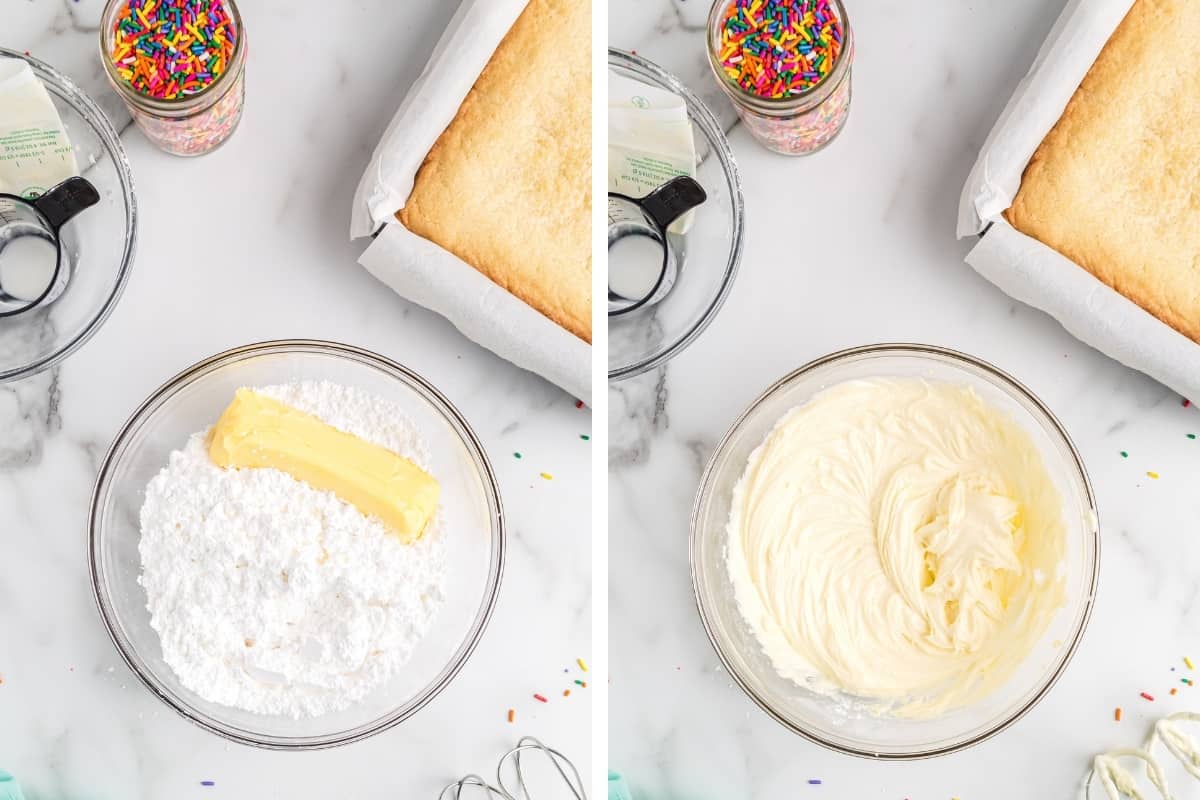 2 image collage. On left, powdered sugar and stick of butter in mixing bowl. On right, creamy vanilla buttercream frosting.