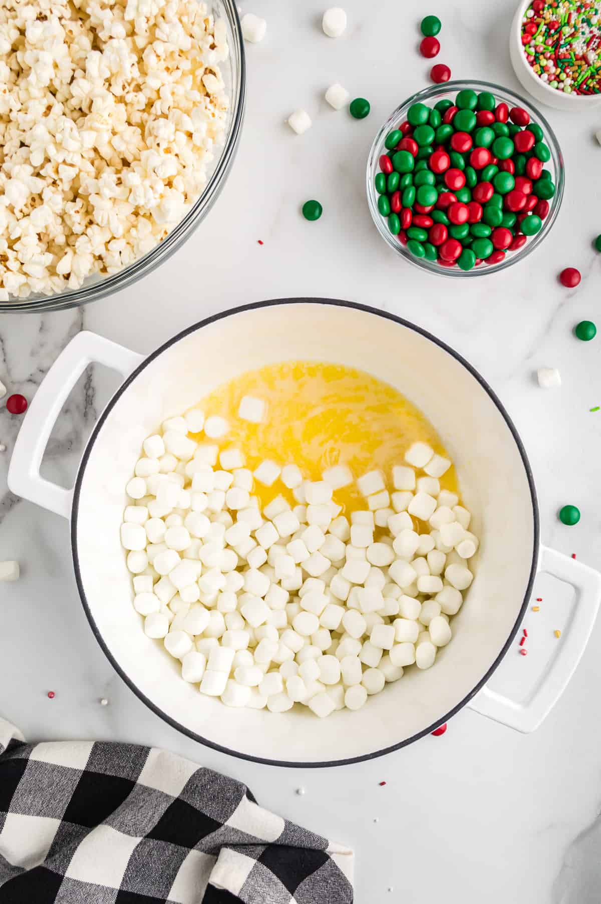 Melted butter and mini marshmallows in large pot