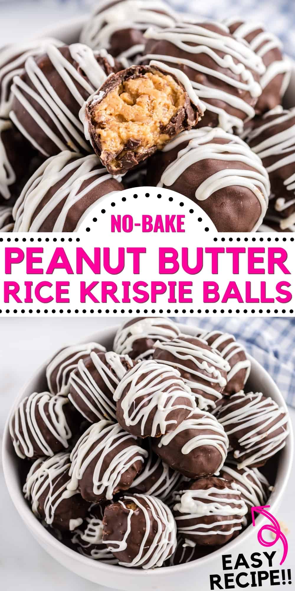 2-image collage for pinterest. Text reads: No Bake Peanut Butter Rice Krispies Balls, easy recipe!