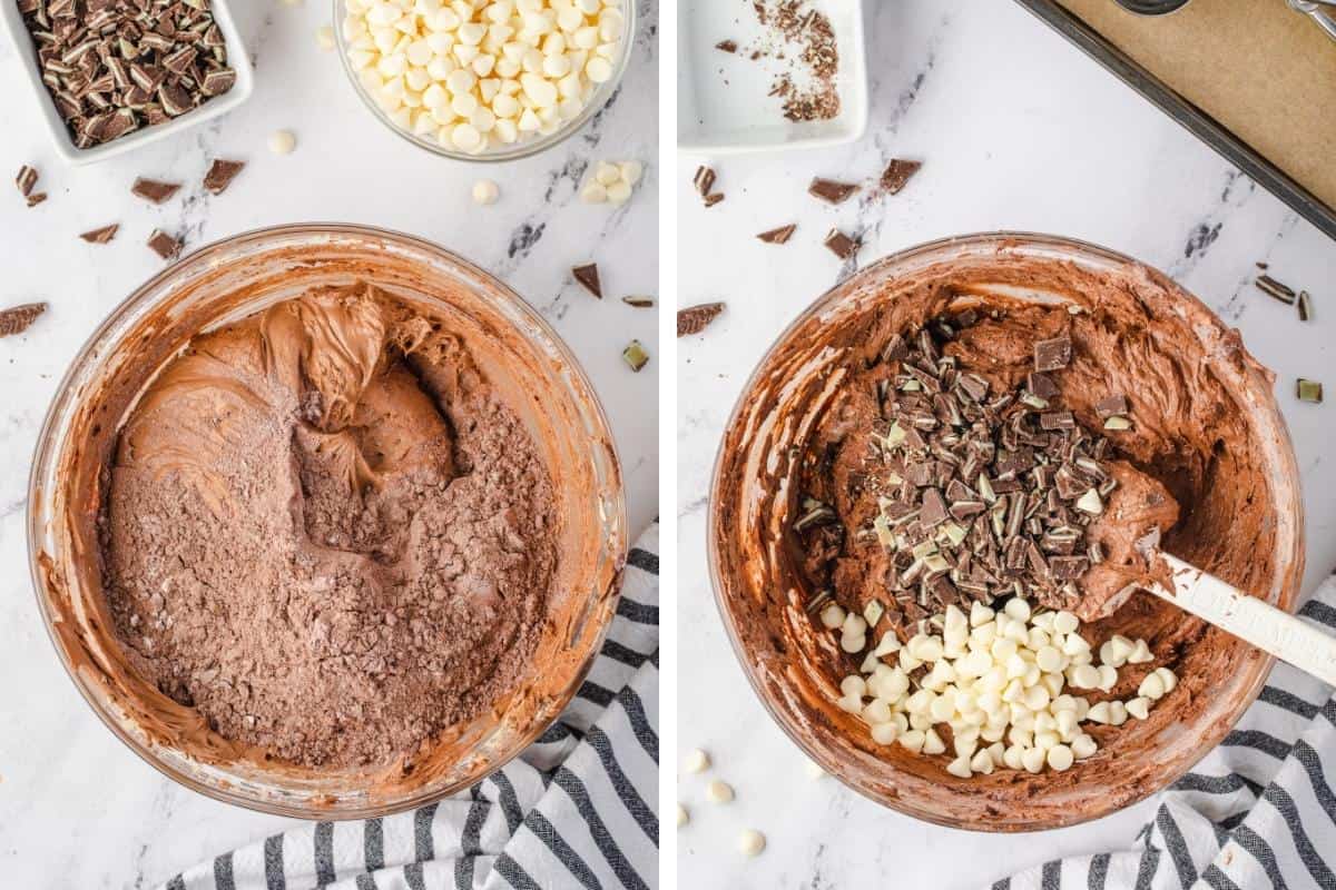 Two image collage. On left, dry ingredients being added to wet ingredients. On right, andes mint pieces and white chocolate chips bring added to dough.