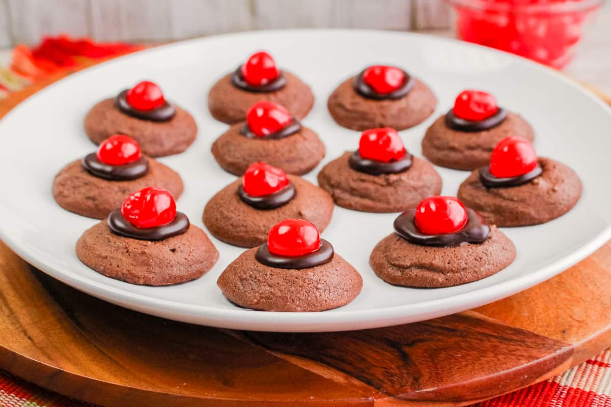 Chocolate cherry thumbprint cookies with maraschino cherries