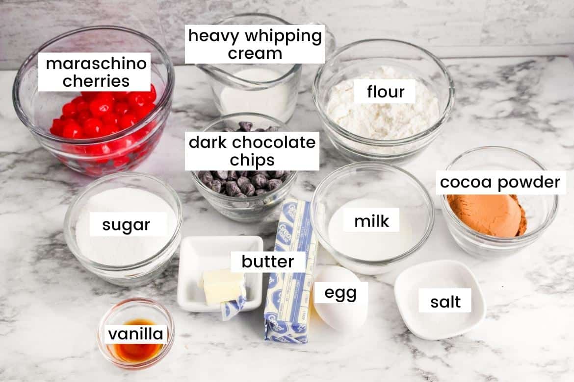 Ingredients in glass bowls on countertop: maraschino cherries, heavy whipping cream, flour, cocoa powder, milk, salt, egg, butter, vanilla. sugar. dark chocolate chips, milk, sugar and egg