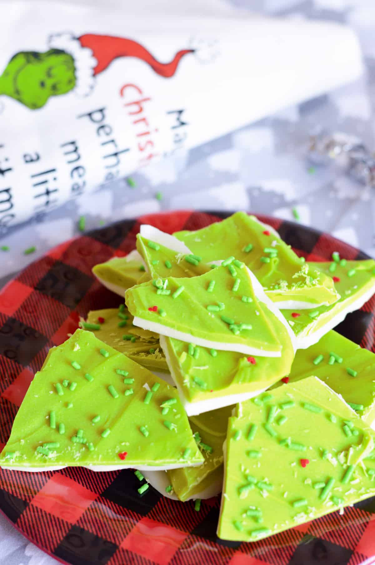 grinch bark candy with red hearts and green jimmies