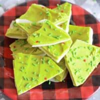 Christmas Grinch Bark Candy with green sprinkles and red hearts