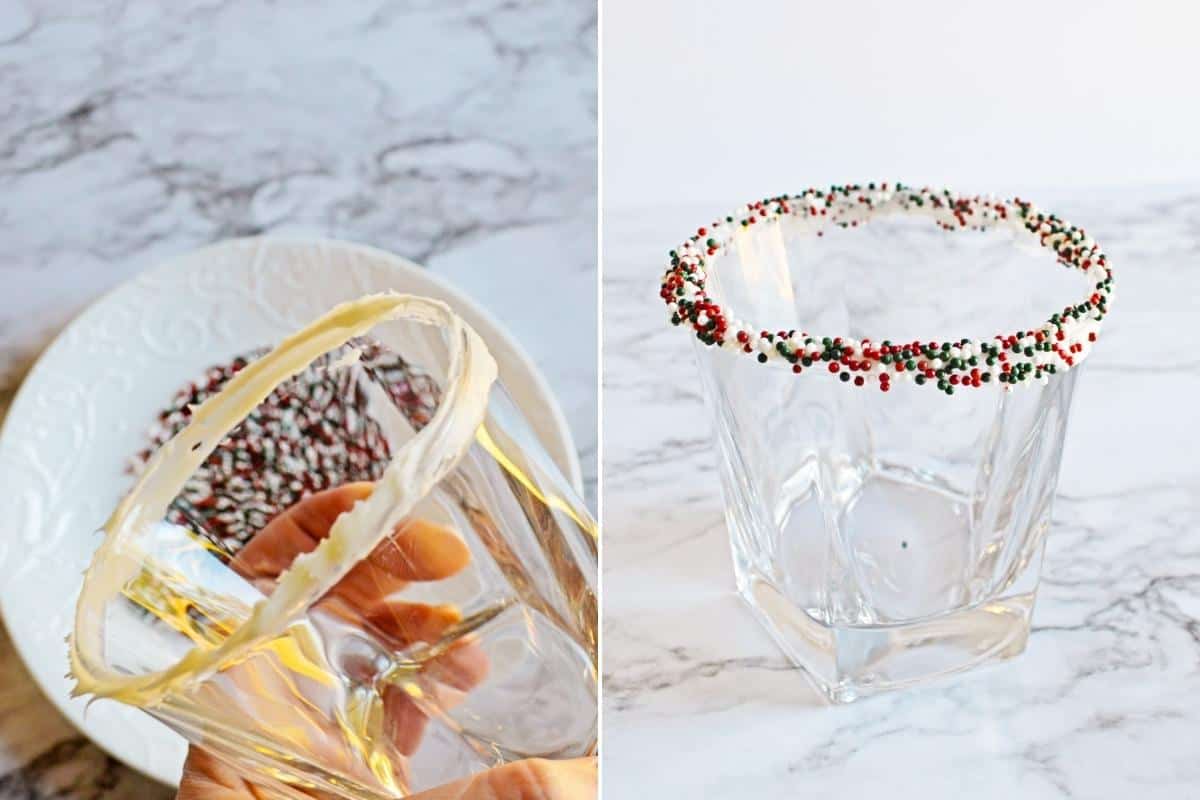 2 image collage: On left, glass with icing on rim over a shallow plate of sprinkles. On right, glass rimmed with sprinkles