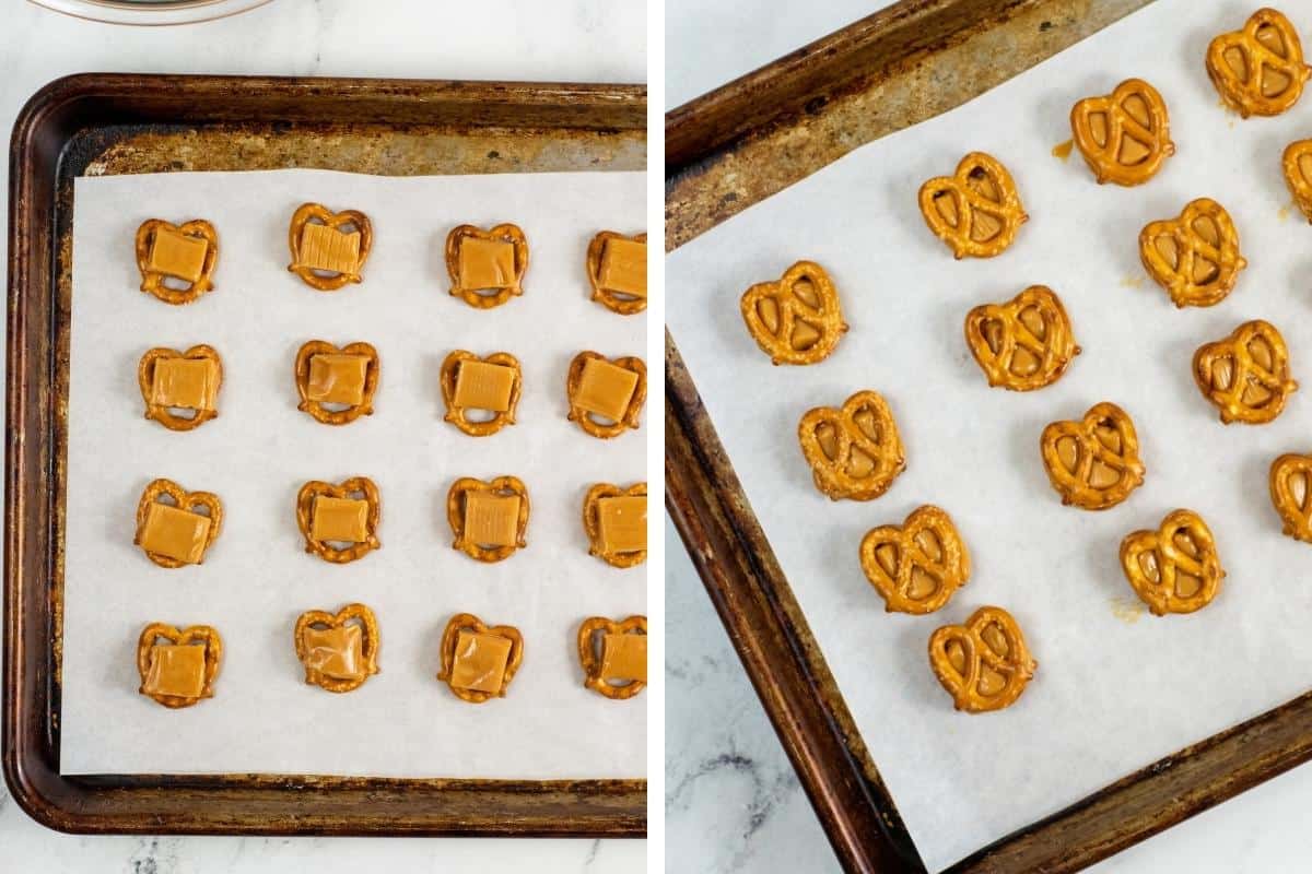 Two image collage: On left, mini pretzel twists topped with caramel. On right, mini pretzels on baking sheet topped with melted caramel and another mini pretzel.