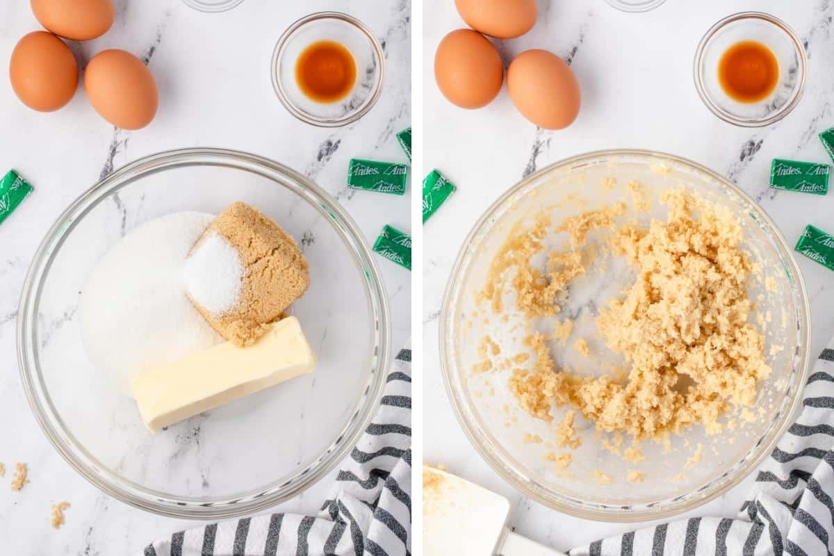 Two image collage. On left: butter, granulated sugar, and light brown sugar in mixing bowl. On right, butter and sugars creamed together in bowl.