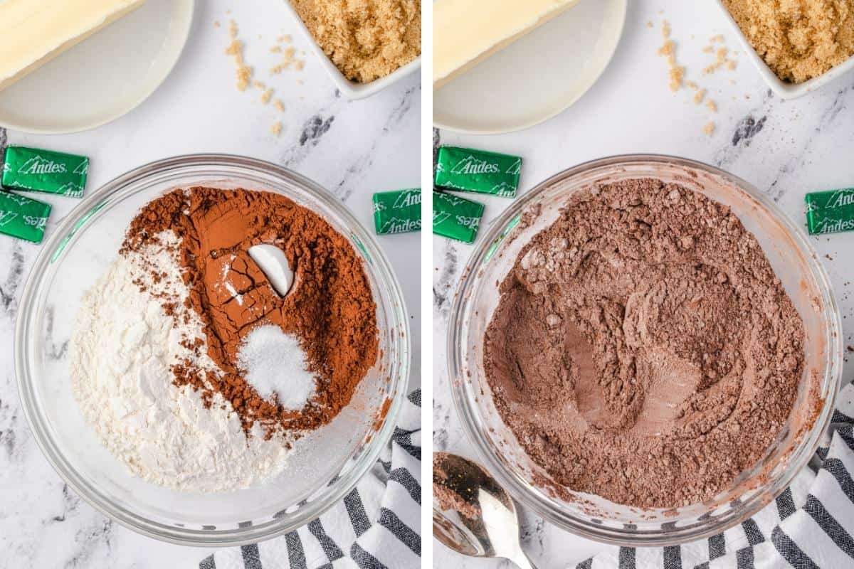 Two image collage. On left, flour, cocoa, baking powder, and salt in a small bowl. On right, same ingredients but whisked together.