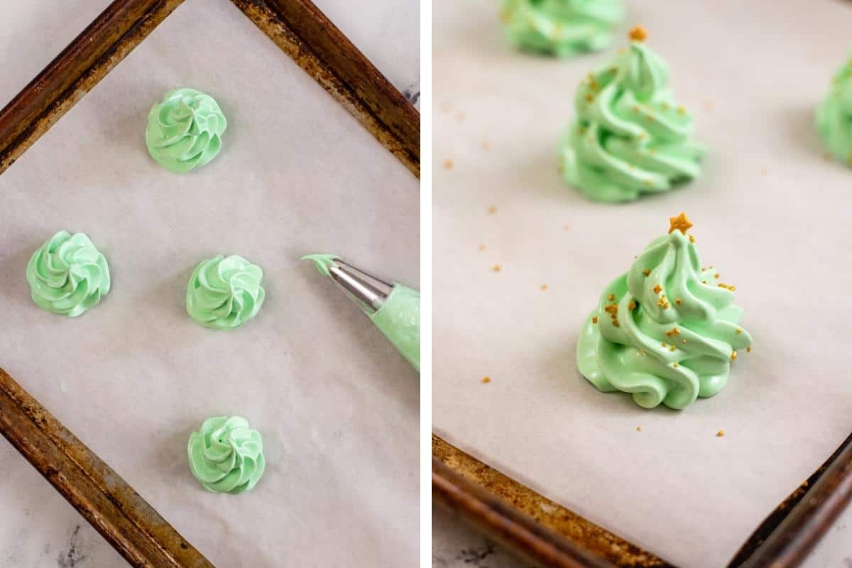 two image collage. On left: piping bag fitted with star tip and filled with green meringue next to 4 piped meringue cookies on lined baking sheet. On right, meringues after being topped with a sprinkles