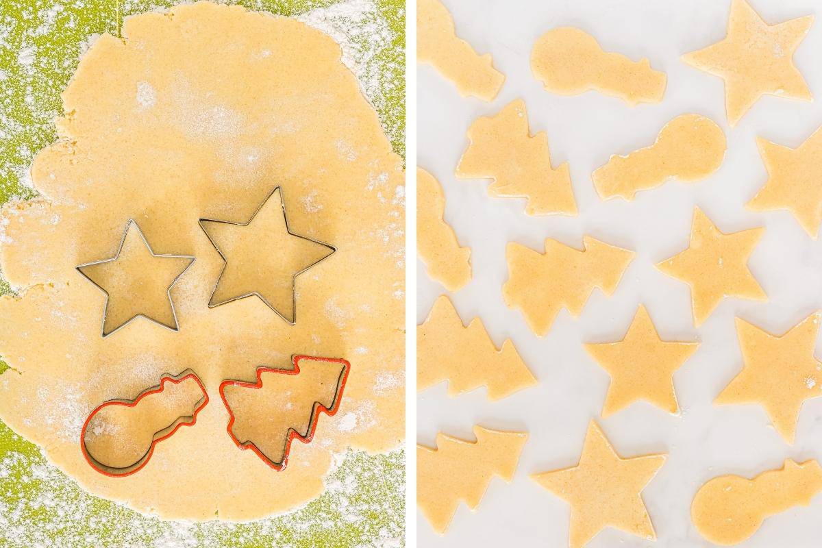 2 image collage. On left: rolled out sugar cookie dough with Christmas cookie cutters pressed into it. On right, cut cookies on parchment lined baking sheet