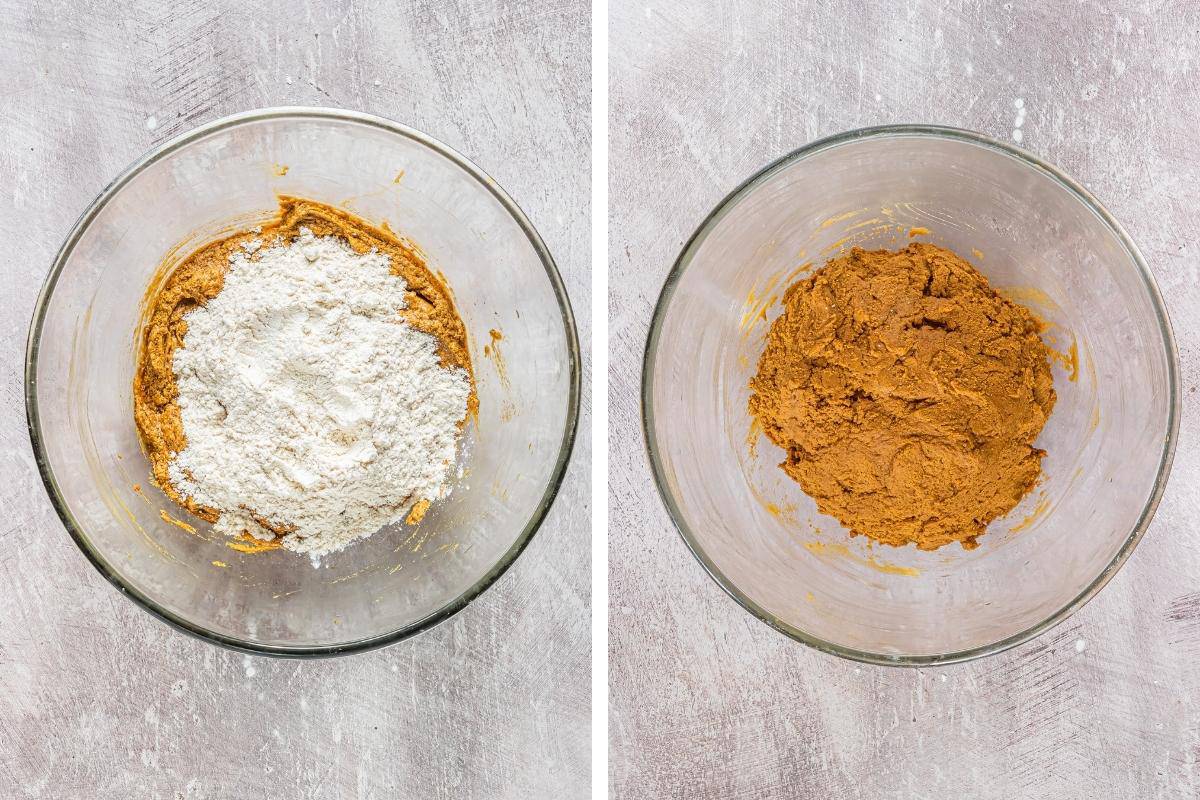 Two image collage. On left: dry ingredients being added to wet cookie ingredients. On right: finished gingerbread cookie dough.