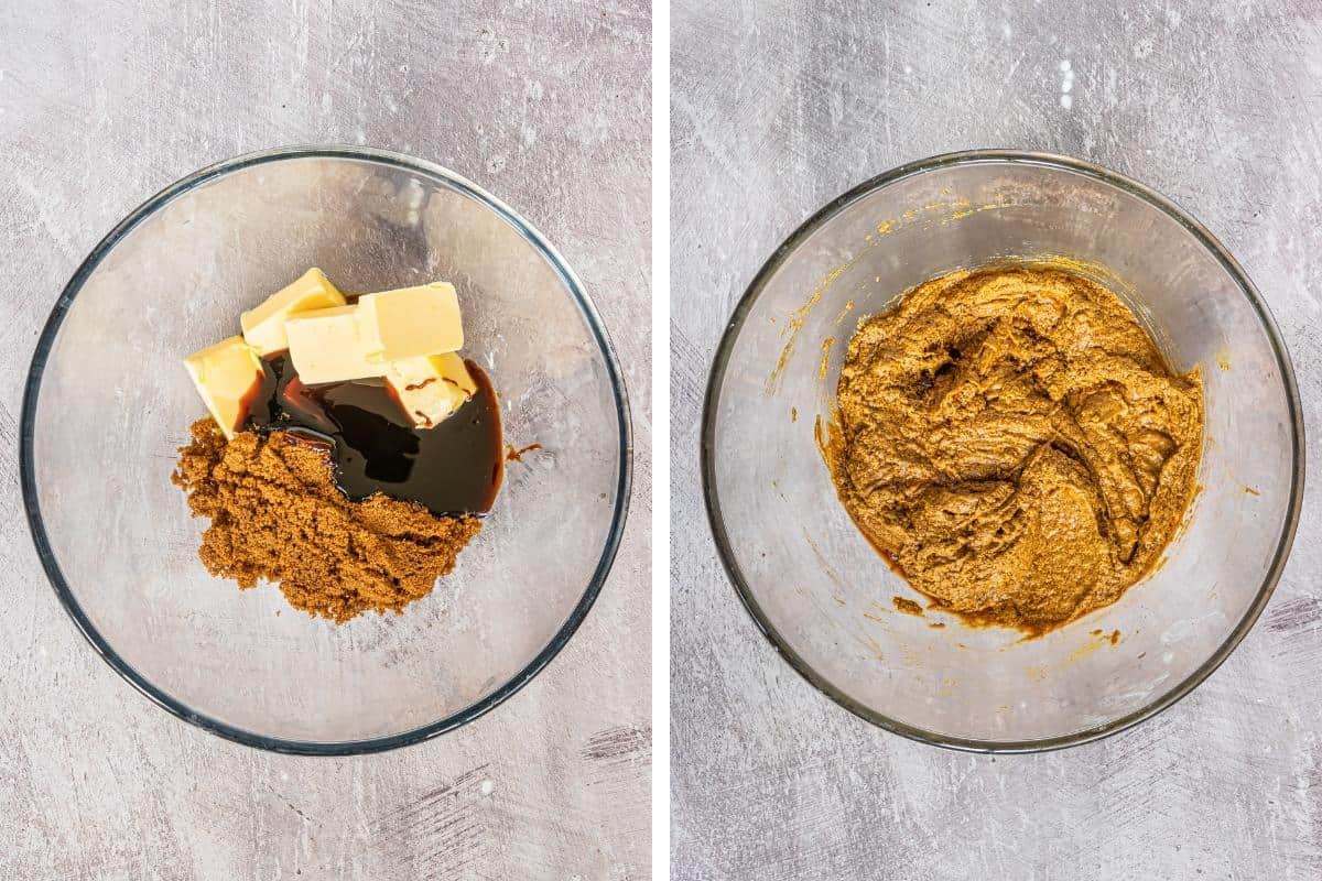 Two image collage. On left: butter, molasses, and dark brown sugar in glass mixing bowl. On right: wet ingredients mixed together.