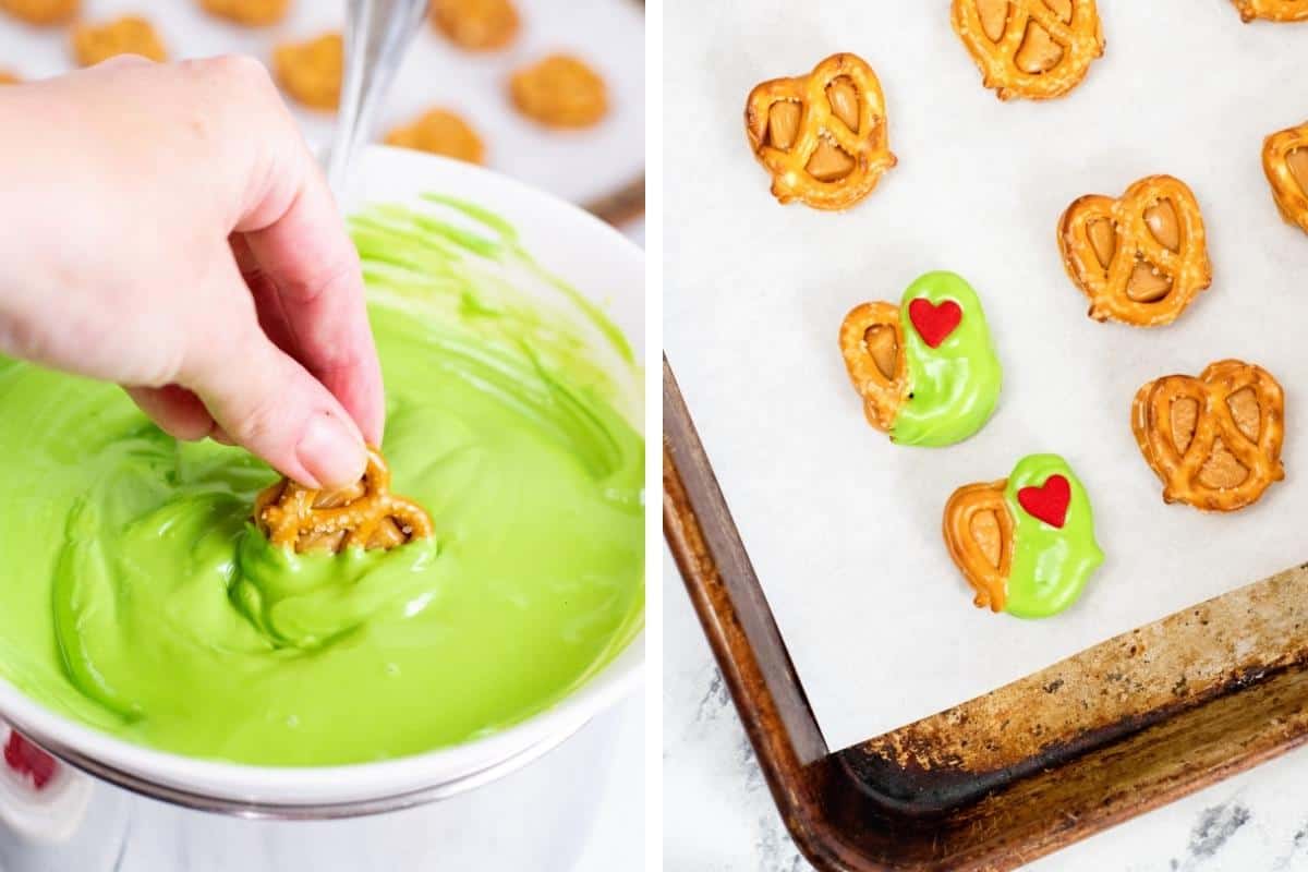 2 image collage: on left, bright green melted candy with hand dipping pretzel bite into it, on right pretzel bites on parchment-lined baking sheet. 2 of the bites are dipped in green chocolate and topped with red heart sprinkle