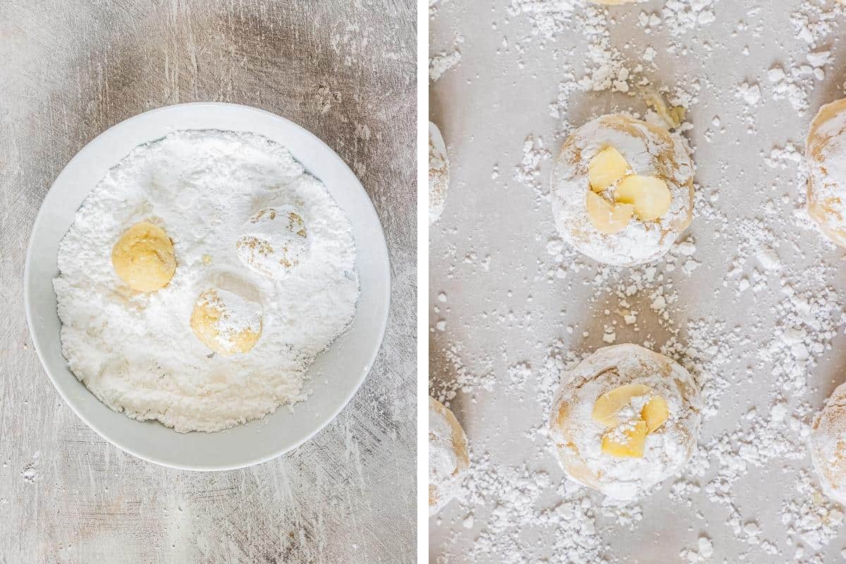 Two image collage: on left, dough balls being rolled in confectioners sugar. On right, dough placed on baking sheet and topped with flaked almonds.