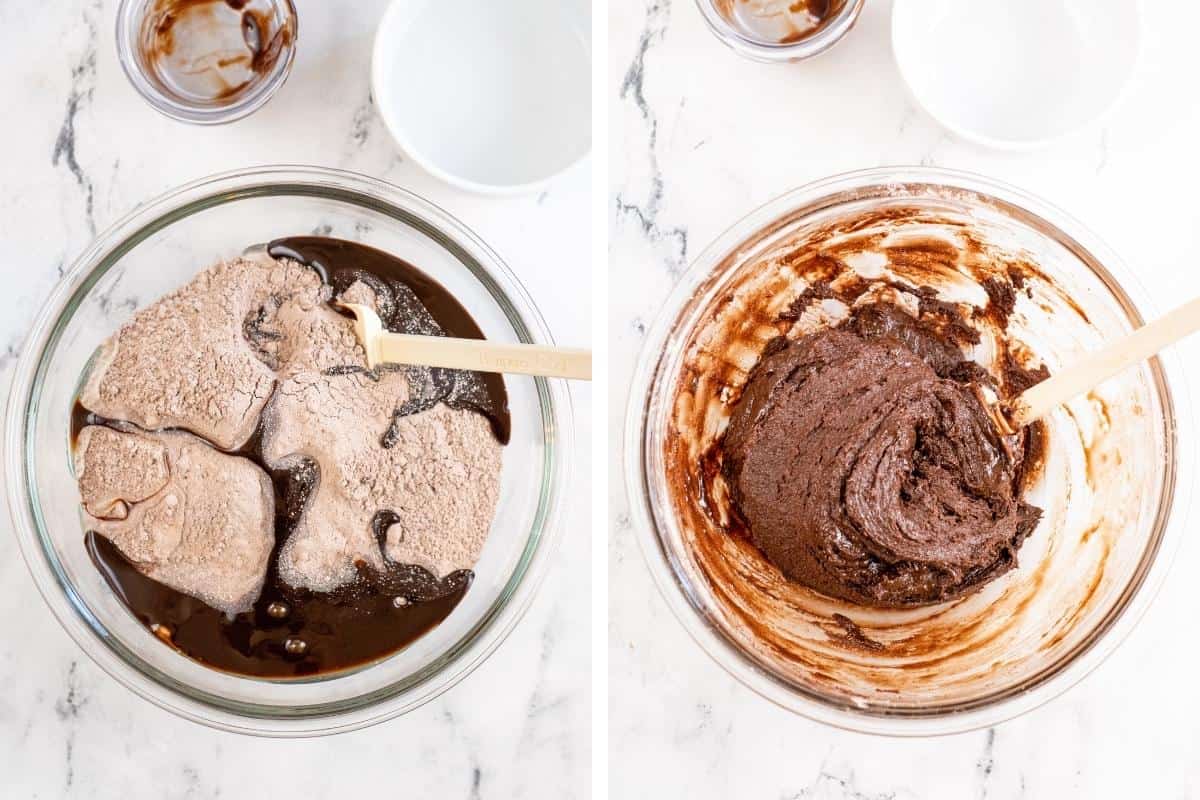 Two image collage. On left, brownie mix, water, chocolate syrup, and corn syrup poured into a bowl. On right, the ingredients combined to make brownie batter.