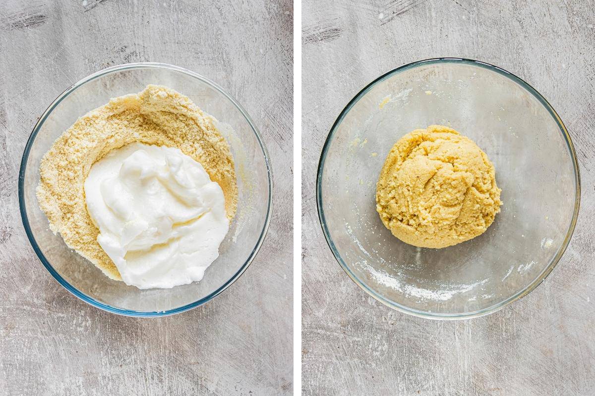 Two image collage. On left: egg whites being folded into dry ingredients in large bowl. On right, cookie dough formed.