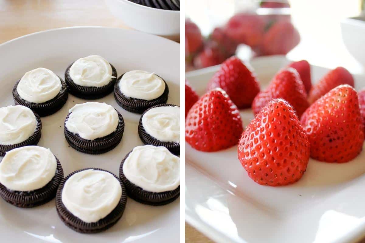 Two image collage. On left, Oreo cookies topped with vanilla icing. On right, strawberries with stew cut off.