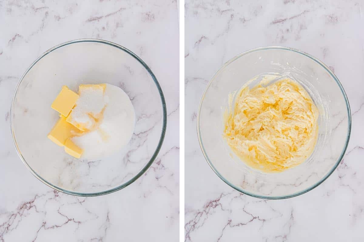 2 image collage. On left: butter and sugar in glass bowl. On right: Creamed butter and sugar