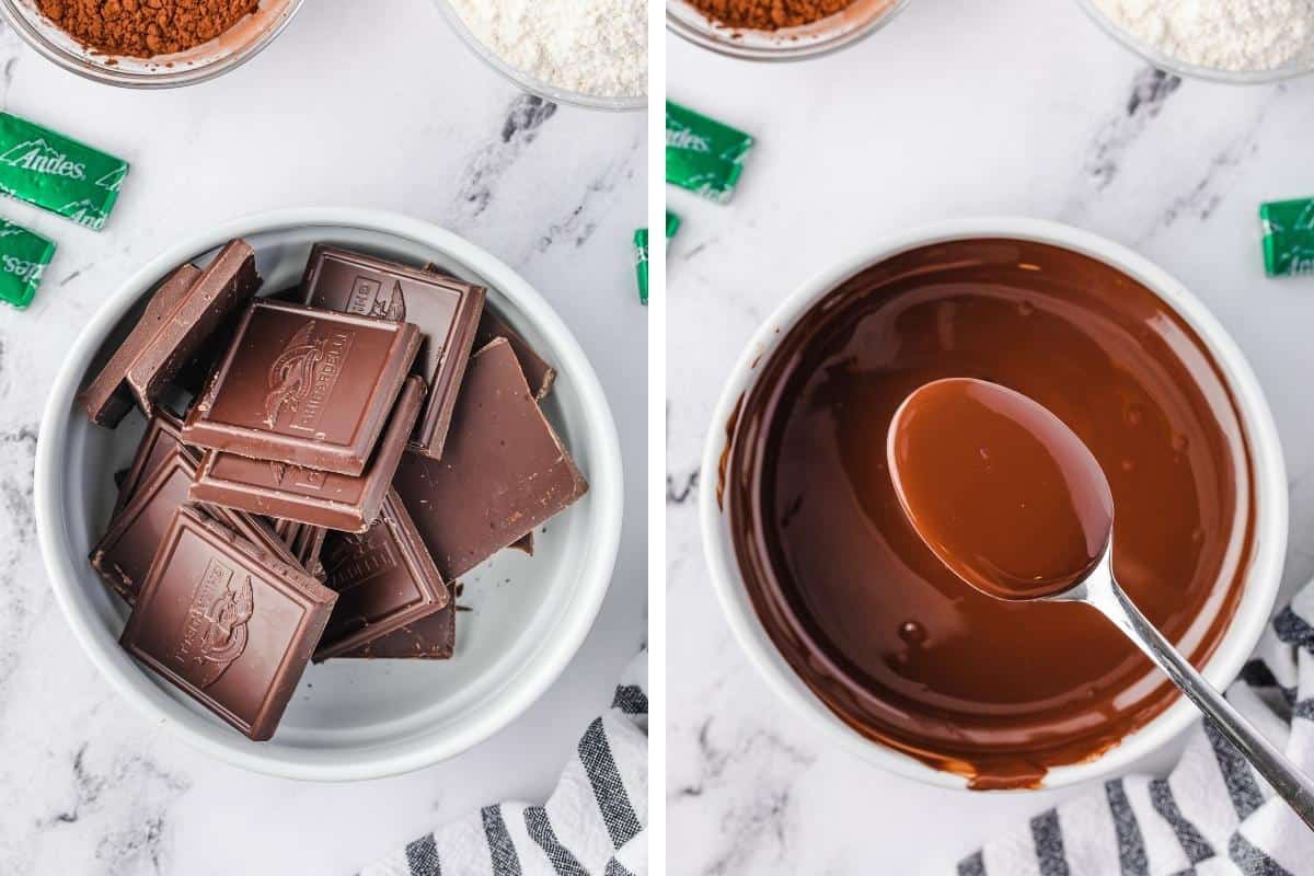 Two image collage. On left, squares of bittersweet chocolate in bowl. On right, melted chocolate in bowl.