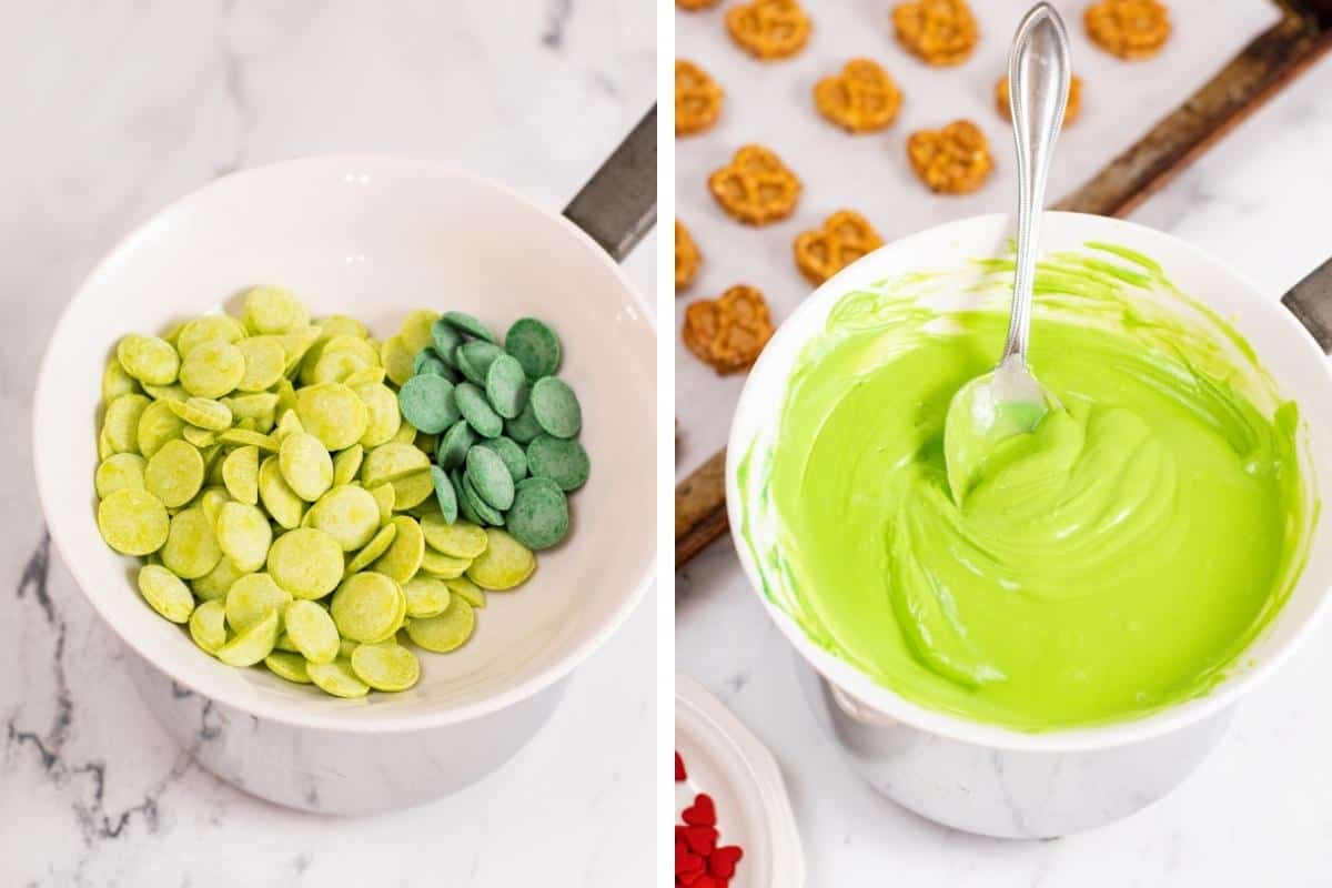 2 image collage. On left: bowl with mostly bright green candy melts and some dark green candy melts. On right: melted green candy melts with spoon in bowl