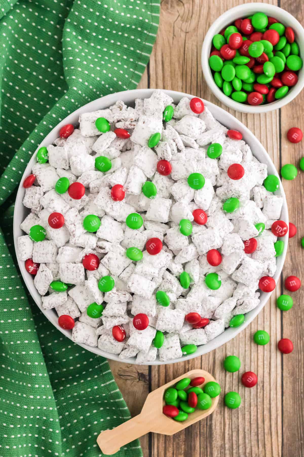 Christmas Puppy Chow aka Muddy Buddies aka Reindeer Chow with red and green M&M candies