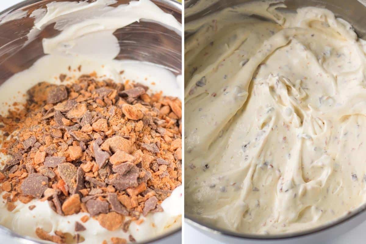 Two image collage. On right: butterfinger baking bits on top of fluff. On right, the fluff dip with candy bar bits mixed in
