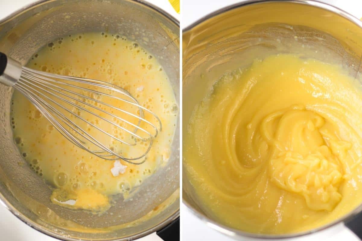 Two image collage. On left: milk, pudding mix, and wire whisk in large bowl. On right, thickened vanilla pudding in large bowl.