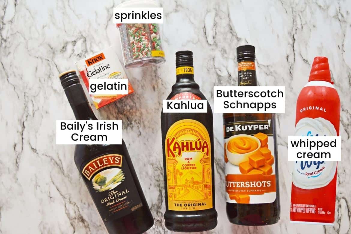 container of christmas sprinkles, box of knox unflavored gelatine, bottle of kahlua, bottle of Bailys Irish Cream, bottle of Butterscotch Schnapps, and bottle of whipped cream