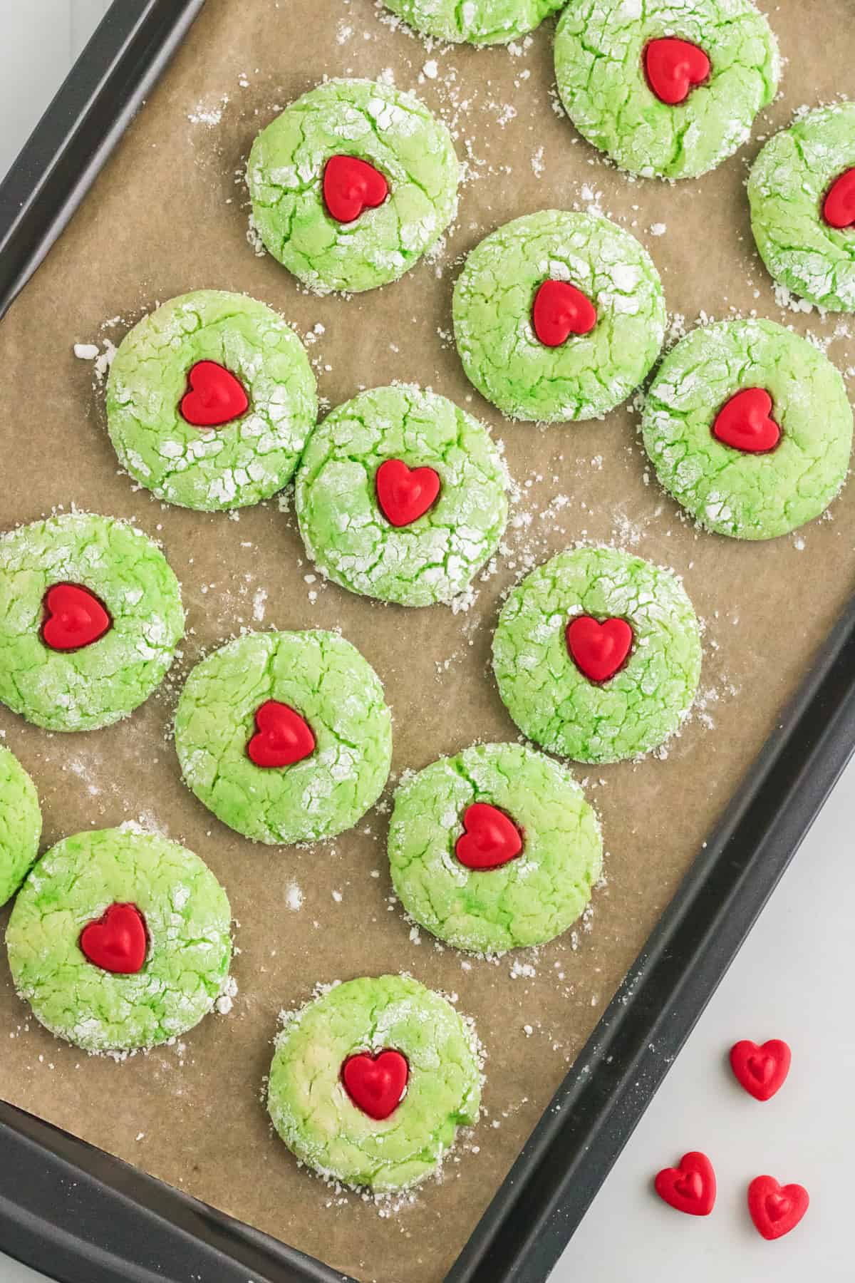 Grinch Cake Mix Cookies on baking sheet