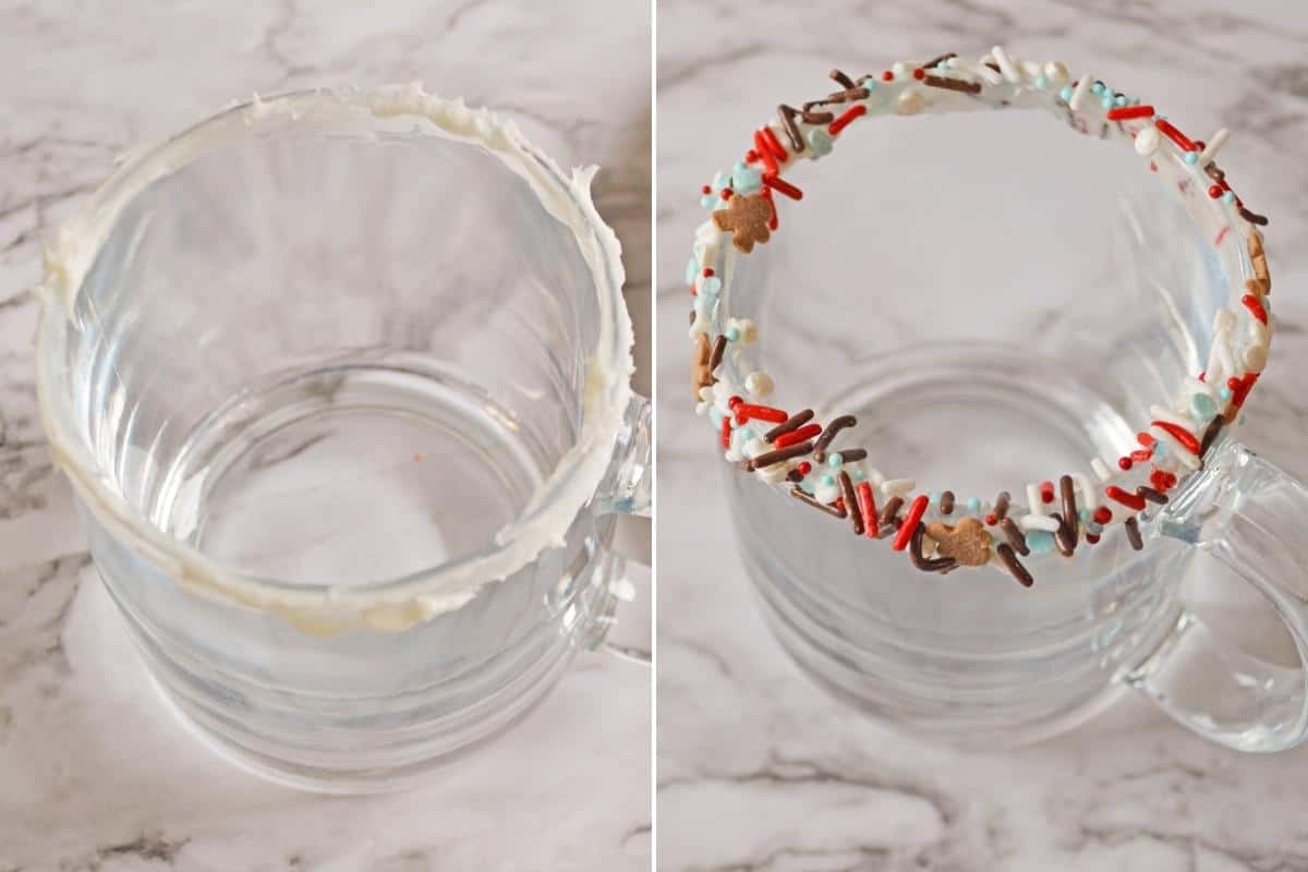 Two image collage. On left, glass with frosting along outside of rim. On right, same but with sprinkles stuck on frosting for a festive rimmed glass.