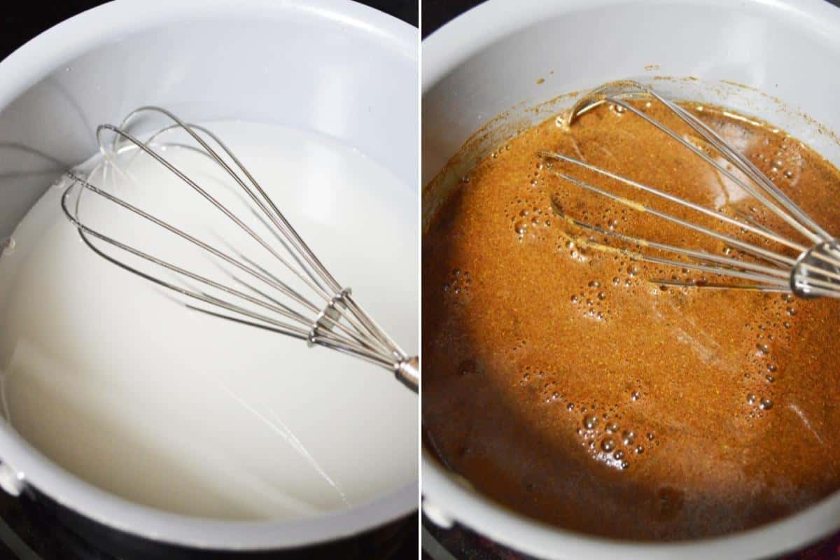 Two image collage. On left, liquid in small pot with wire wish. On right, gingerbread simple syrup in pot with wire whisk