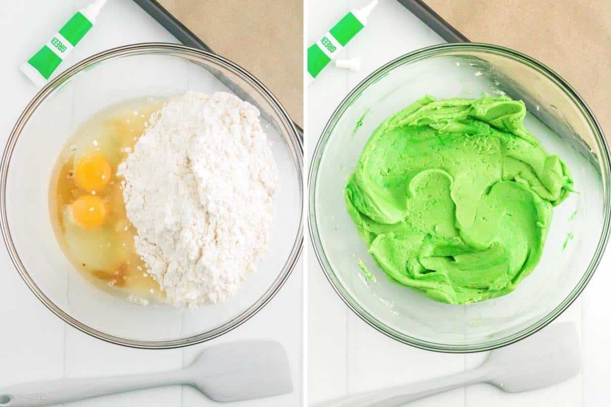 Two image collage. On left, cake mix, eggs, oil, and vanilla in mixing bowl with green food coloring tube, spatula, and lined baking sheet next to it. On right, green mixed cookie batter.