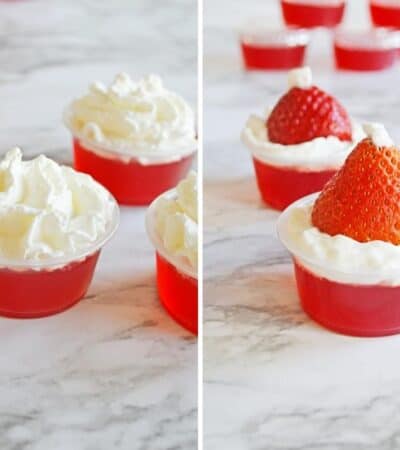 Two image collage. On left, strawberry jello shots in plastic cups topped with whipped cream. On right, strawberry jello shots decorated with upside-down strawberry and whipped cream to look like santa hats