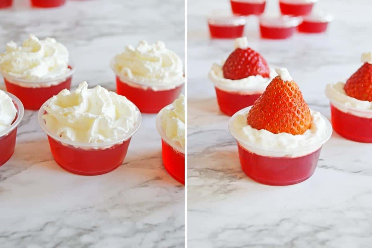 Two image collage. On left, strawberry jello shots in plastic cups topped with whipped cream. On right, strawberry jello shots decorated with upside-down strawberry and whipped cream to look like santa hats