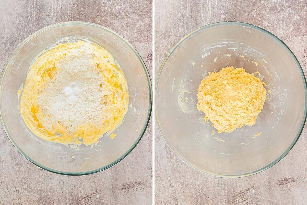 Two image collage:  On left, dry ingredients on top of wet ingredients in bowl. On right, dry and wet ingredients combined to form shortbread dough.