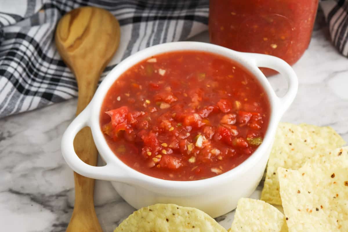 Rotel salsa dip served with tortilla chips