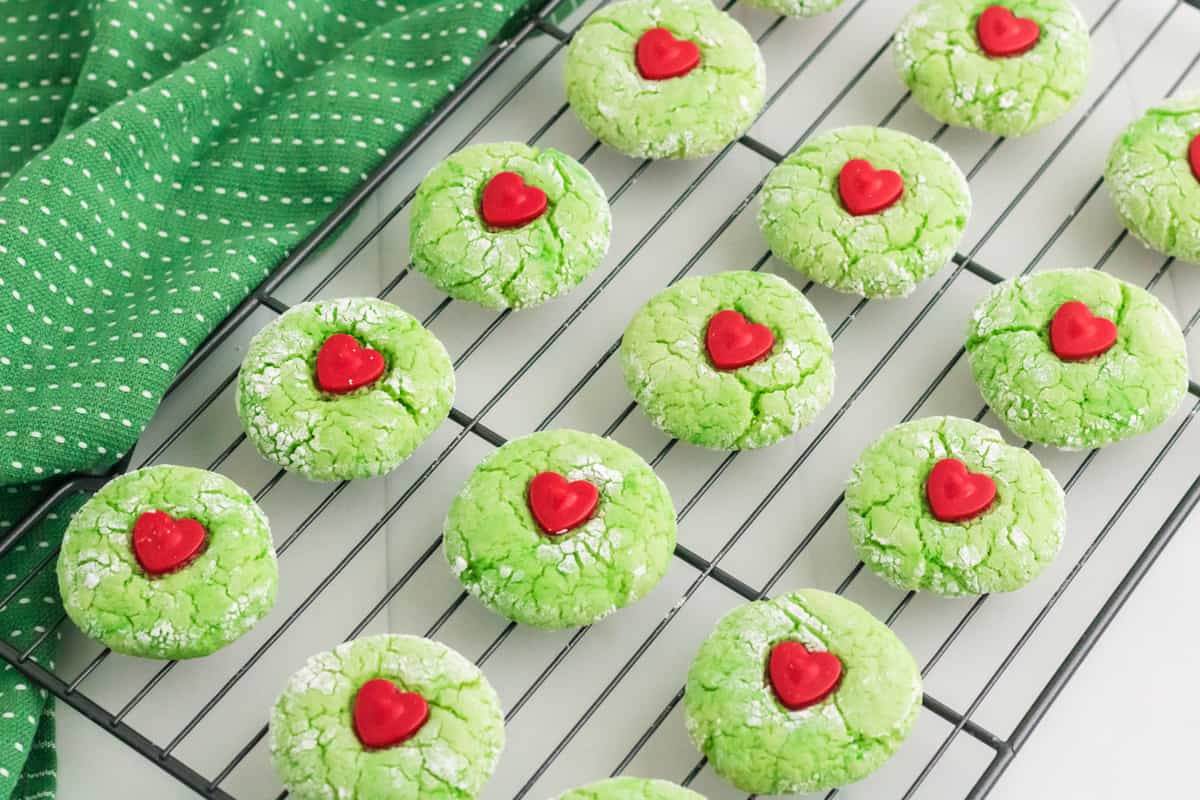Grinch Cookies on cooling rack