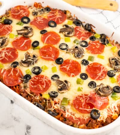 Pizza Pasta Casserole with Ground Beef, Pepperoni, and sliced black olives