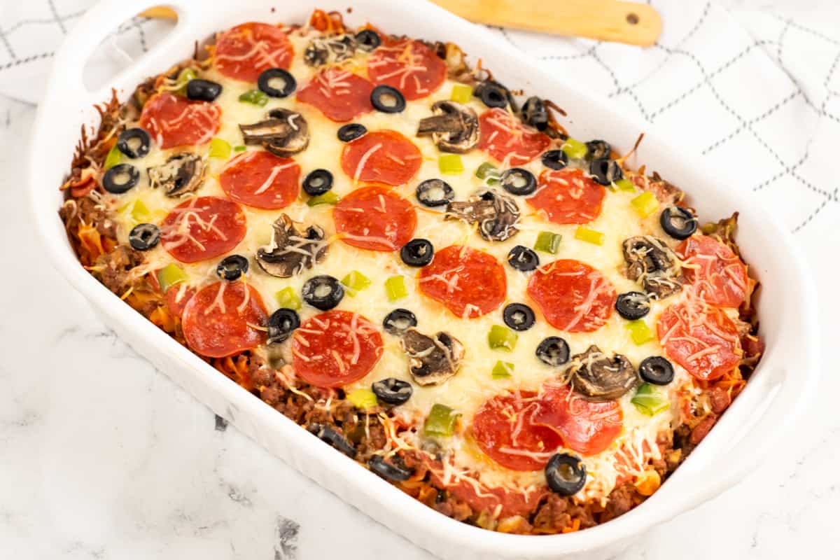 Pizza Pasta Casserole with Ground Beef, Pepperoni, and sliced black olives