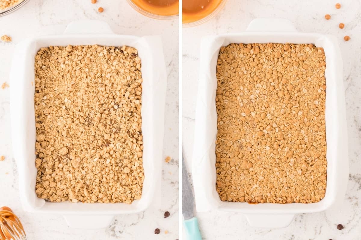 Two image collage. On left, oatmeal topping crumbled on top of carmelitas. On right, the same but after baking.