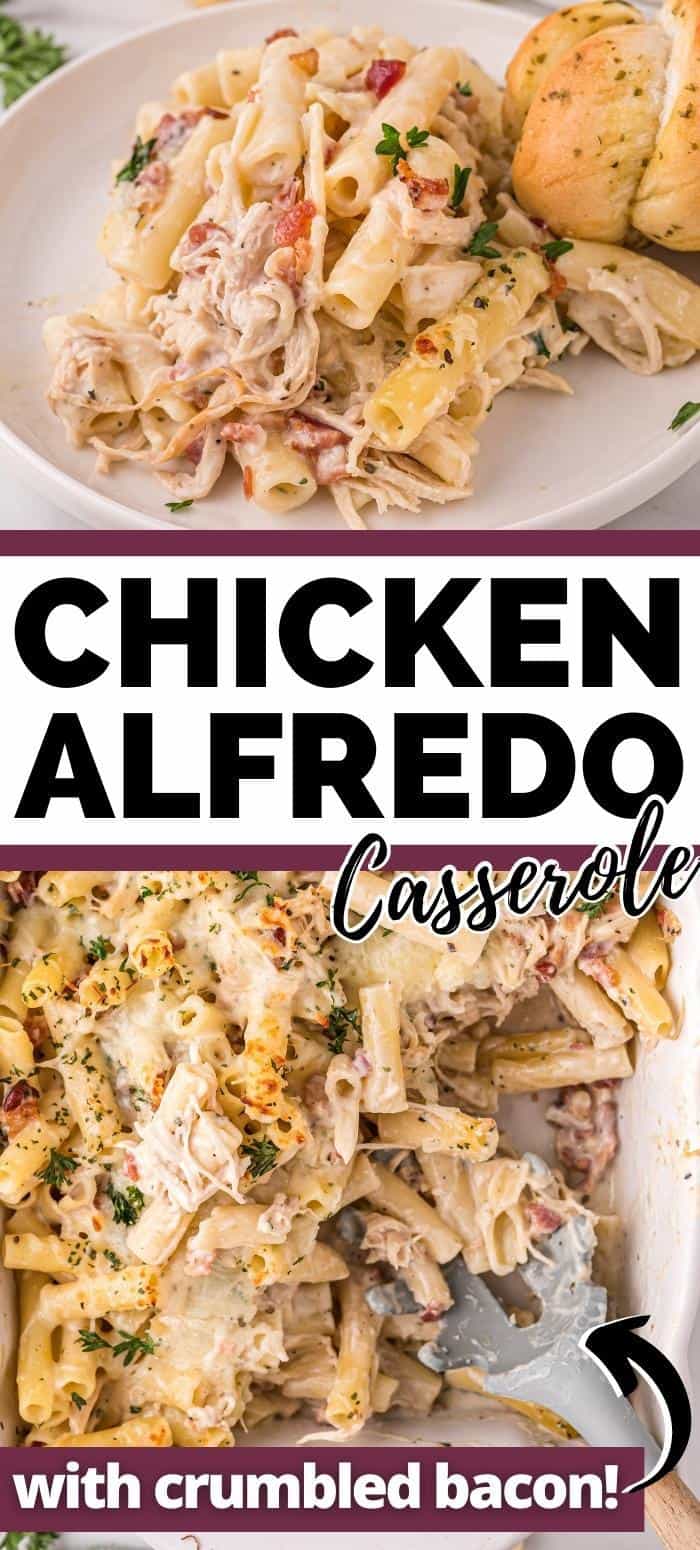 Chicken Alfredo Casserole with crumbled bacon