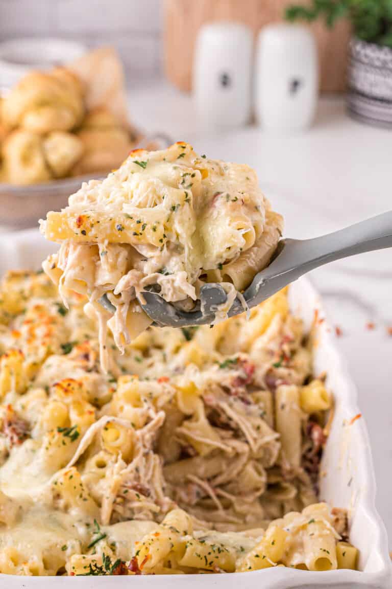 Cheesy Chicken Alfredo Pasta Bake [with Bacon!]