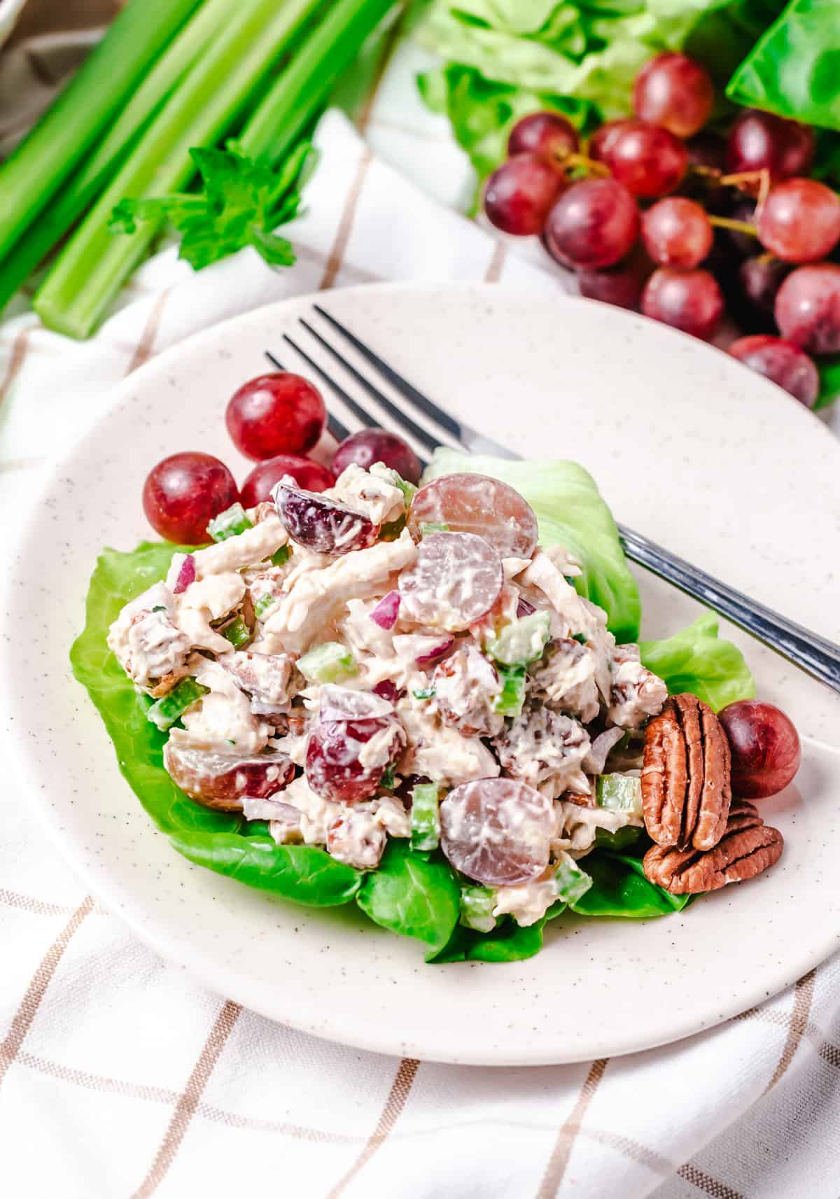 chicken grape pecan salad on bed of lettuce with halved pecans and fresh grapes for garnish