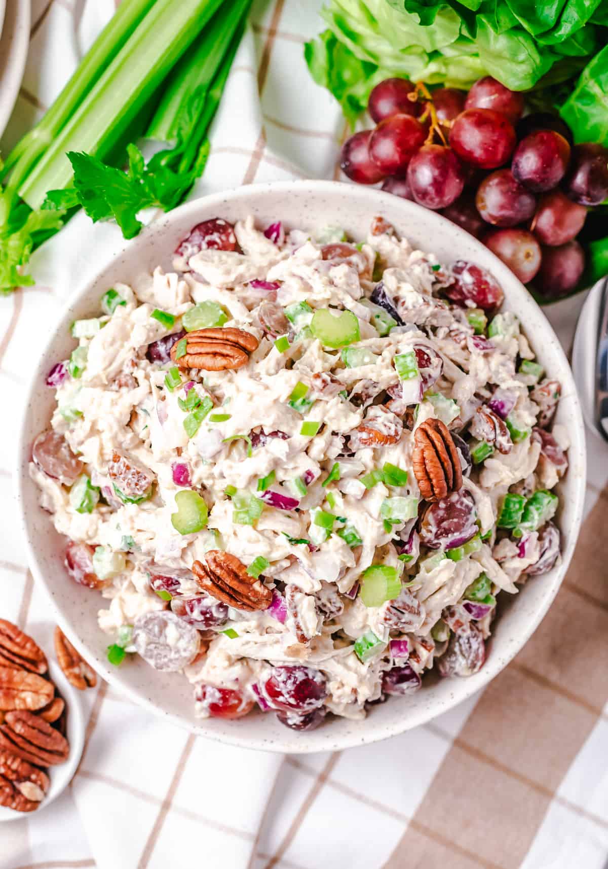 Large white bowl of chicken salad with grapes, pecans, and celery.