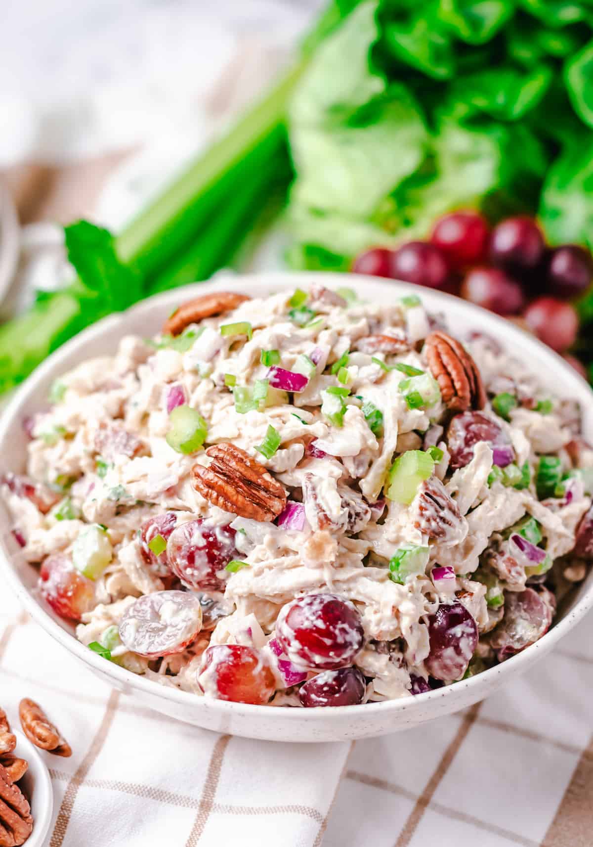 Chicken grape and pecan salad in a white bowl with fresh red grapes, celery, and lettuce behind it