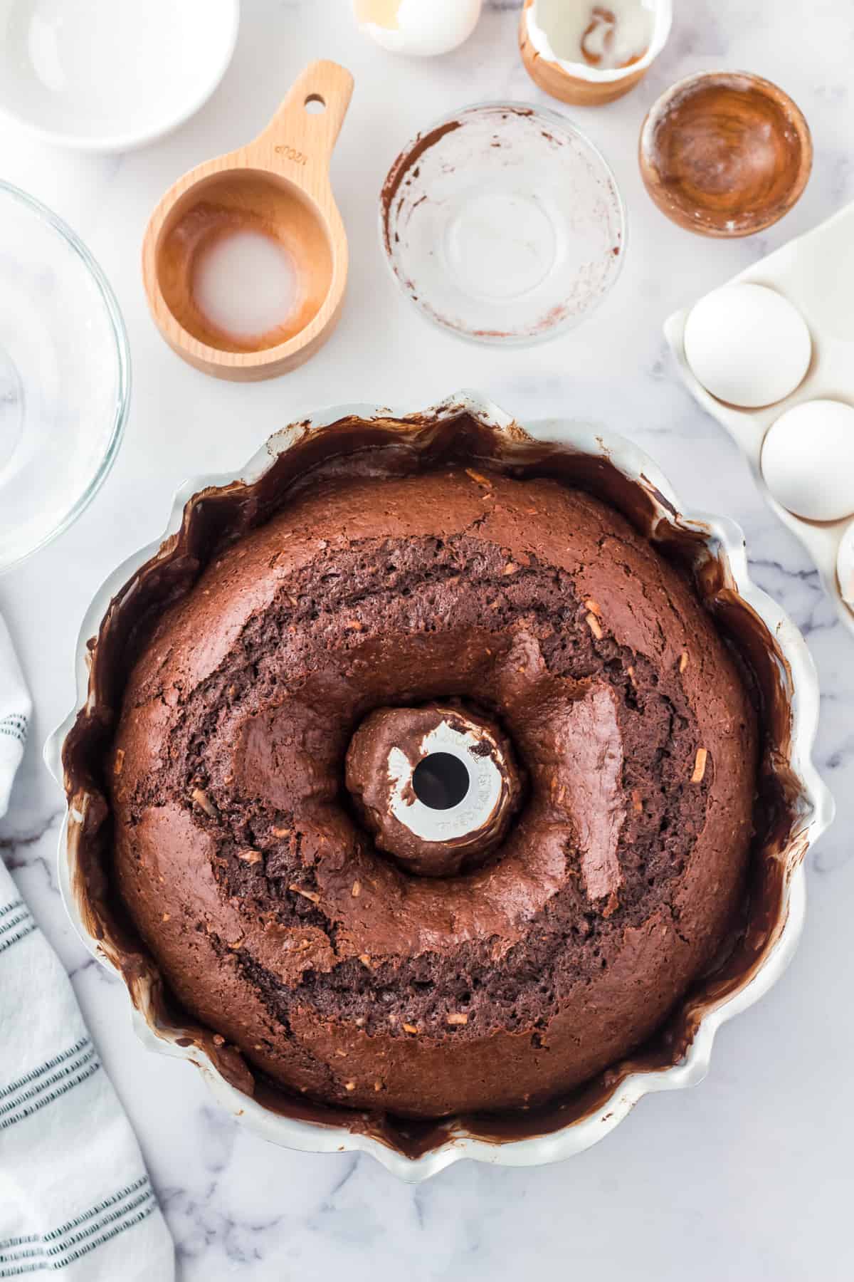 Homemade chocolate coconut cake in bundt cake pan.