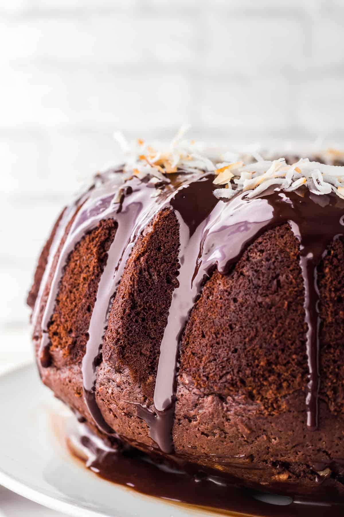 Side profile of chocolate coconut bundt cake with chocolate ganache dripping down the side and shredded coconut sprinkled over the top.