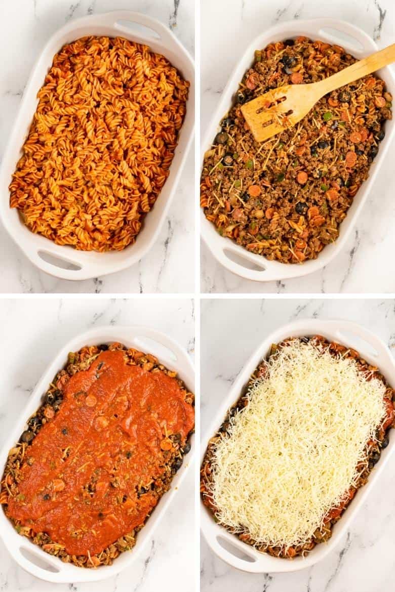 four image collage: Top left-pasta in casserole dish. Top right-meat mixture over pasta in dish. Bottom left- pasta sauce over meat mixture in dish. Bottom right- cheese sprinkled over top of dish