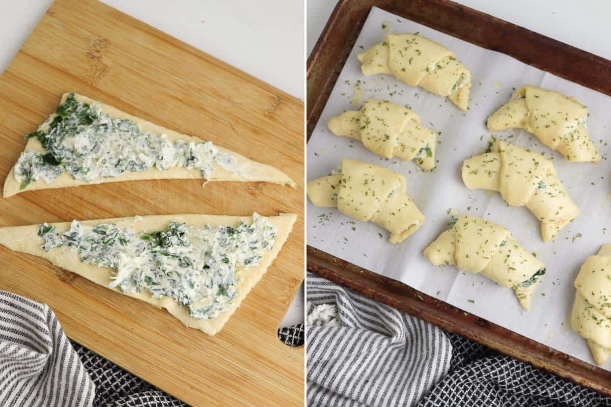Two image collage: On left, two triangles of crescent roll dough topped with a thin layer of spinach artichoke filling. On right, a lined baking sheet with neatly rolled stuffed crescent rolls topped with butter and parsley flakes